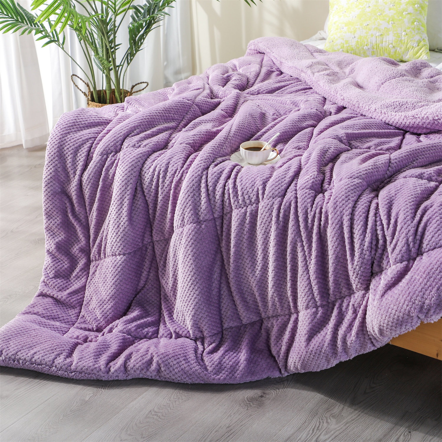 Luxury Flannel Fleece Comforter Plush Sherpa Back - Machine Washable Bedding Blanket Textured