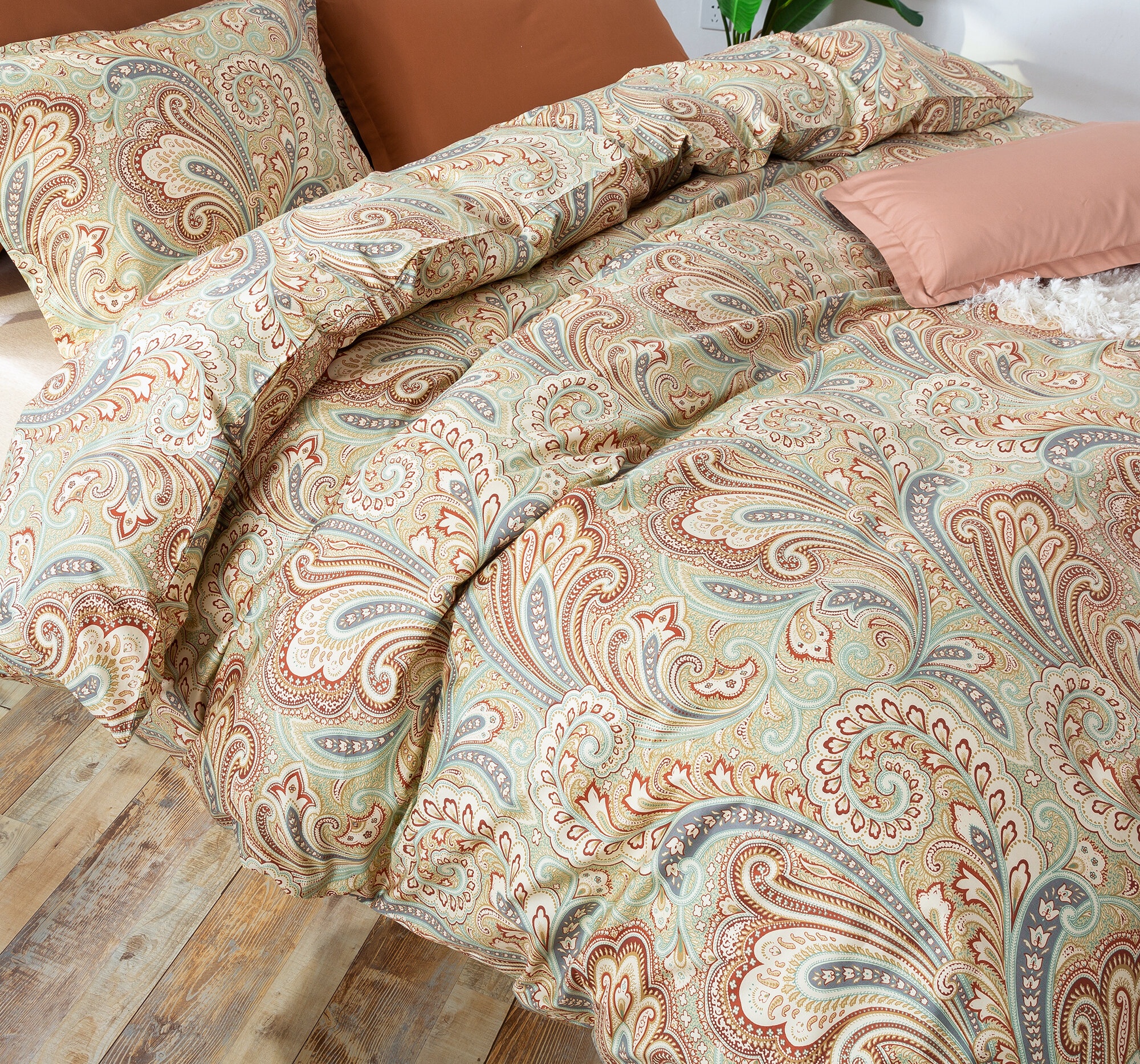 Maquon Rust/Tan/Teal Seafoam/Copper 100% Cotton 400 TC Duvet Cover Set