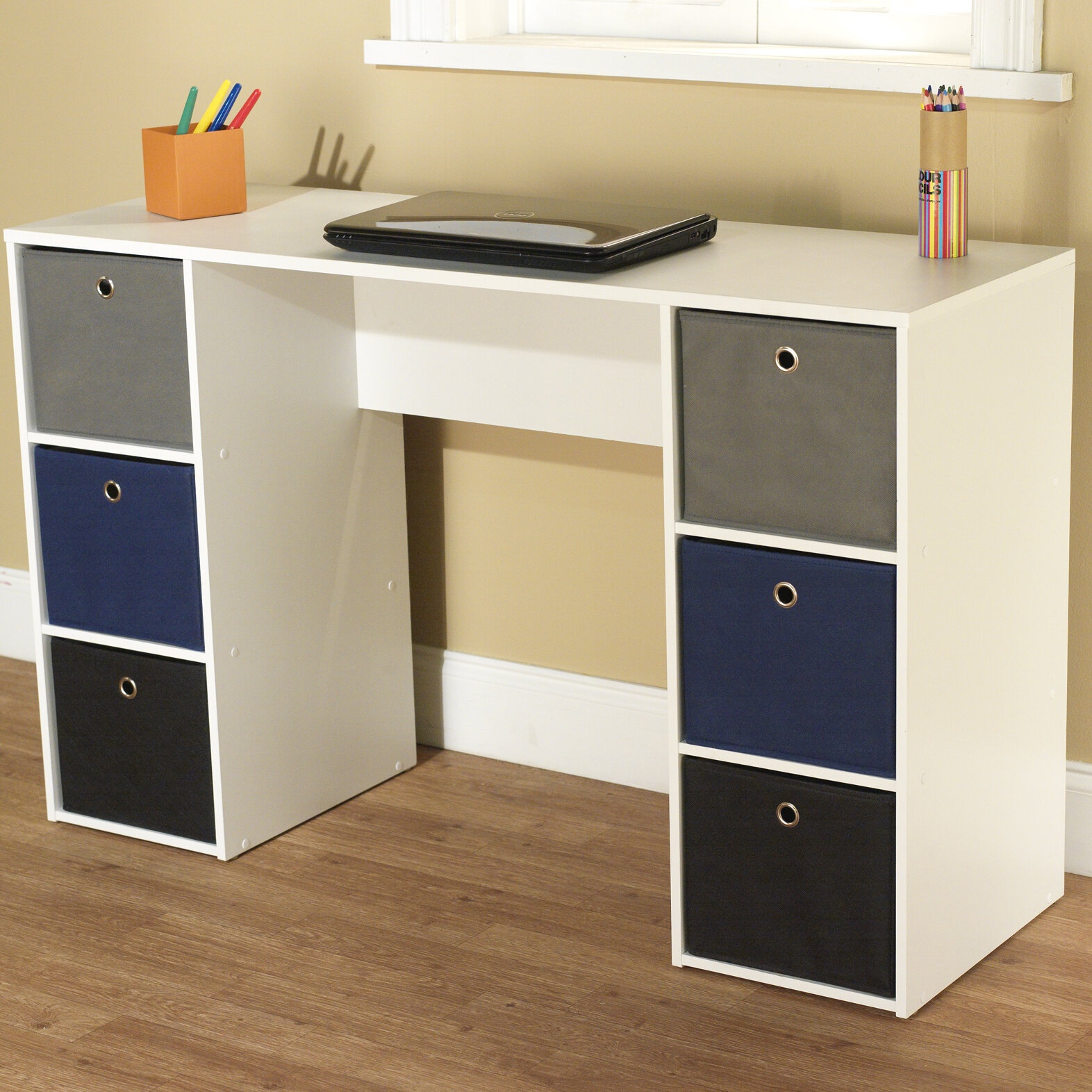 Kids Desk with Six Fabric Storage Bins, Multiple Colors 