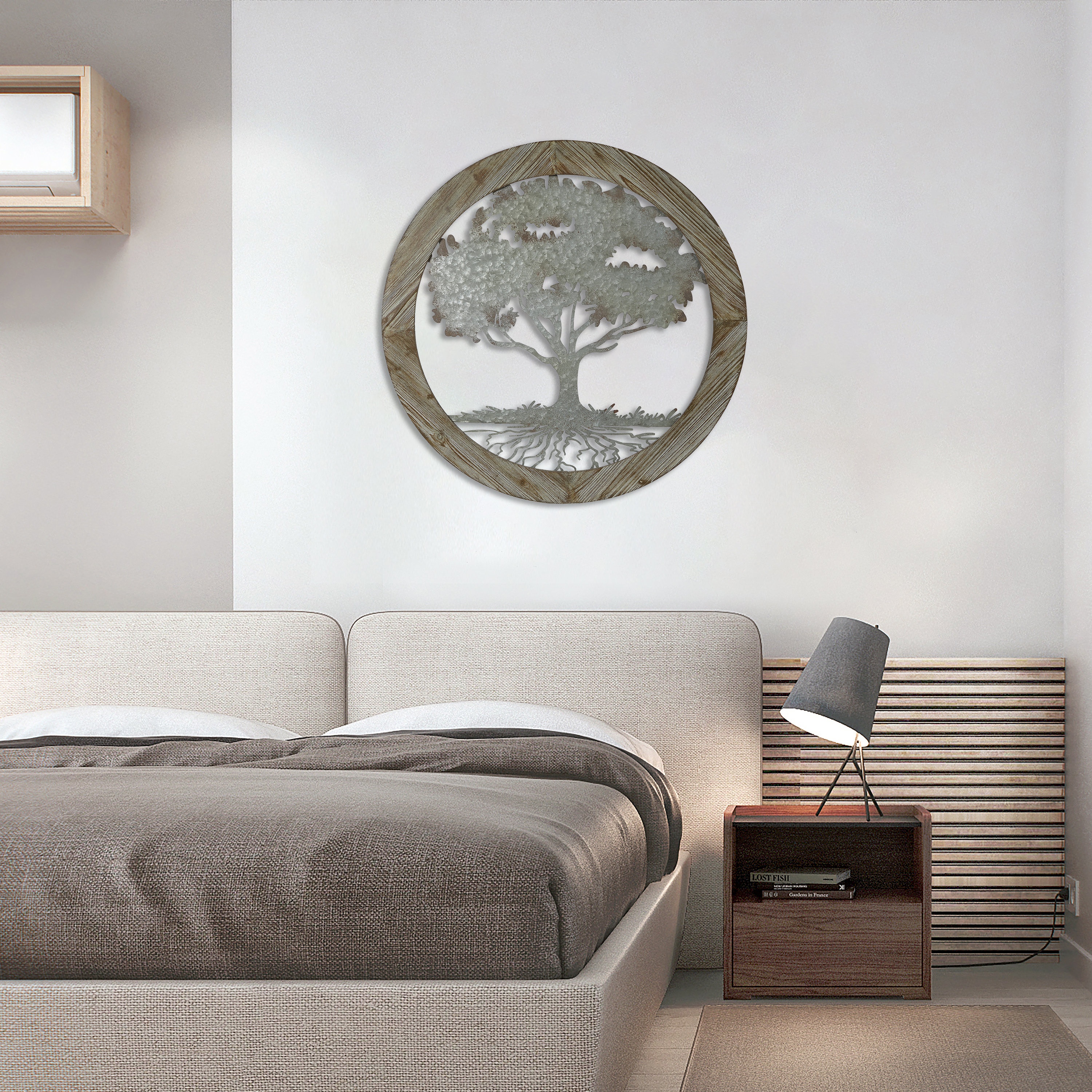 Metal Tree of Life with Roots Wall Decor with Round Wood Frame
