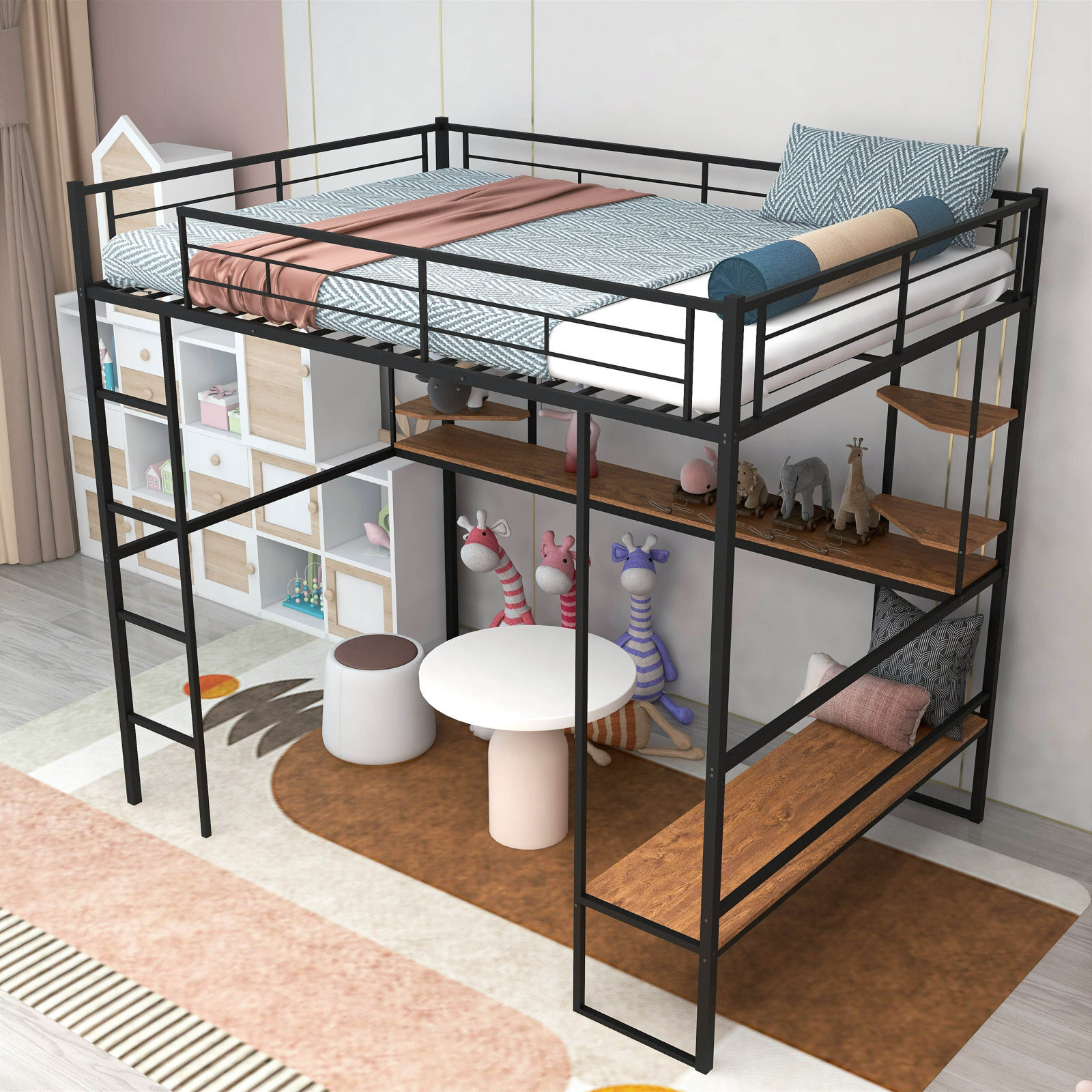 Minimalist style metal frame loft with desk