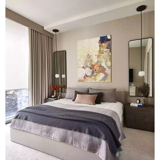 Modern bedroom with floor-to-ceiling windows