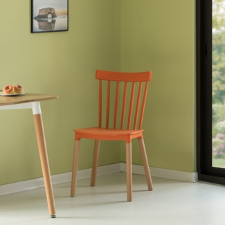 Modern Plastic Dining Chair Windsor Design With Beech Wood Legs, Orange