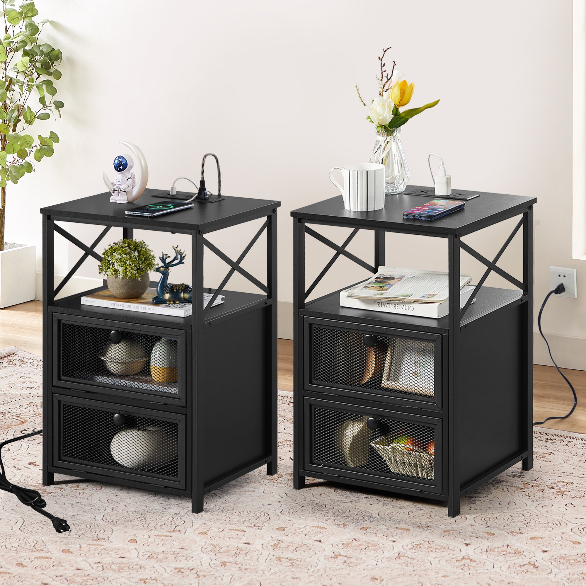 Giantex 2-Tier End Table Tall Set of 2 Nightstand, Simple Design Sofa  Bedside Table with Versatile Shelf and Wooden Legs for Small Spaces, Living