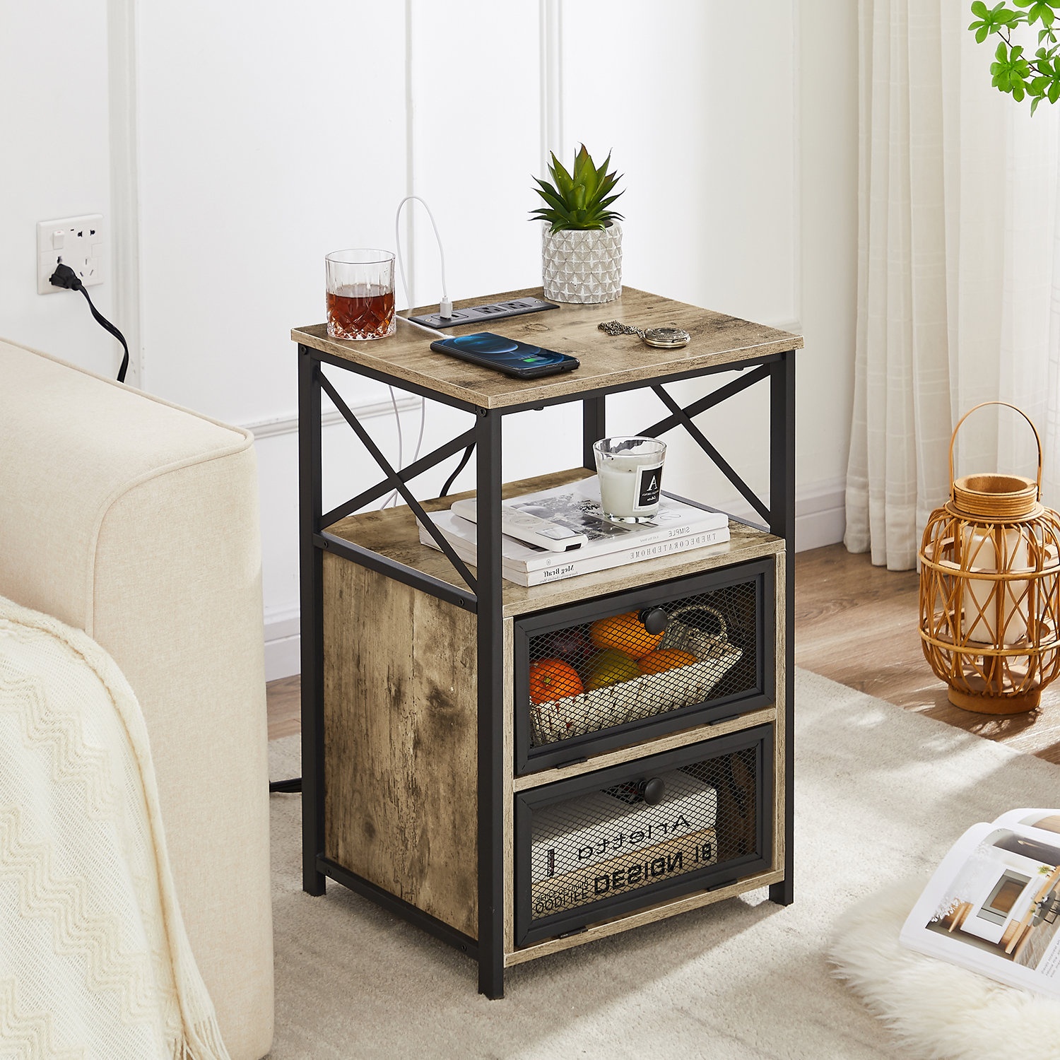Nightstand with Charging Station End Side Tables with Storage Drawers and USB Ports & Power Outlets