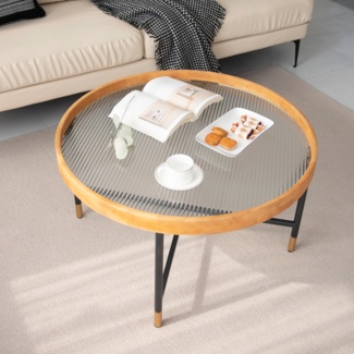 Norphlet Rustic Round Glass Coffee Table with Solid Wood Tray Top and Metal Frame