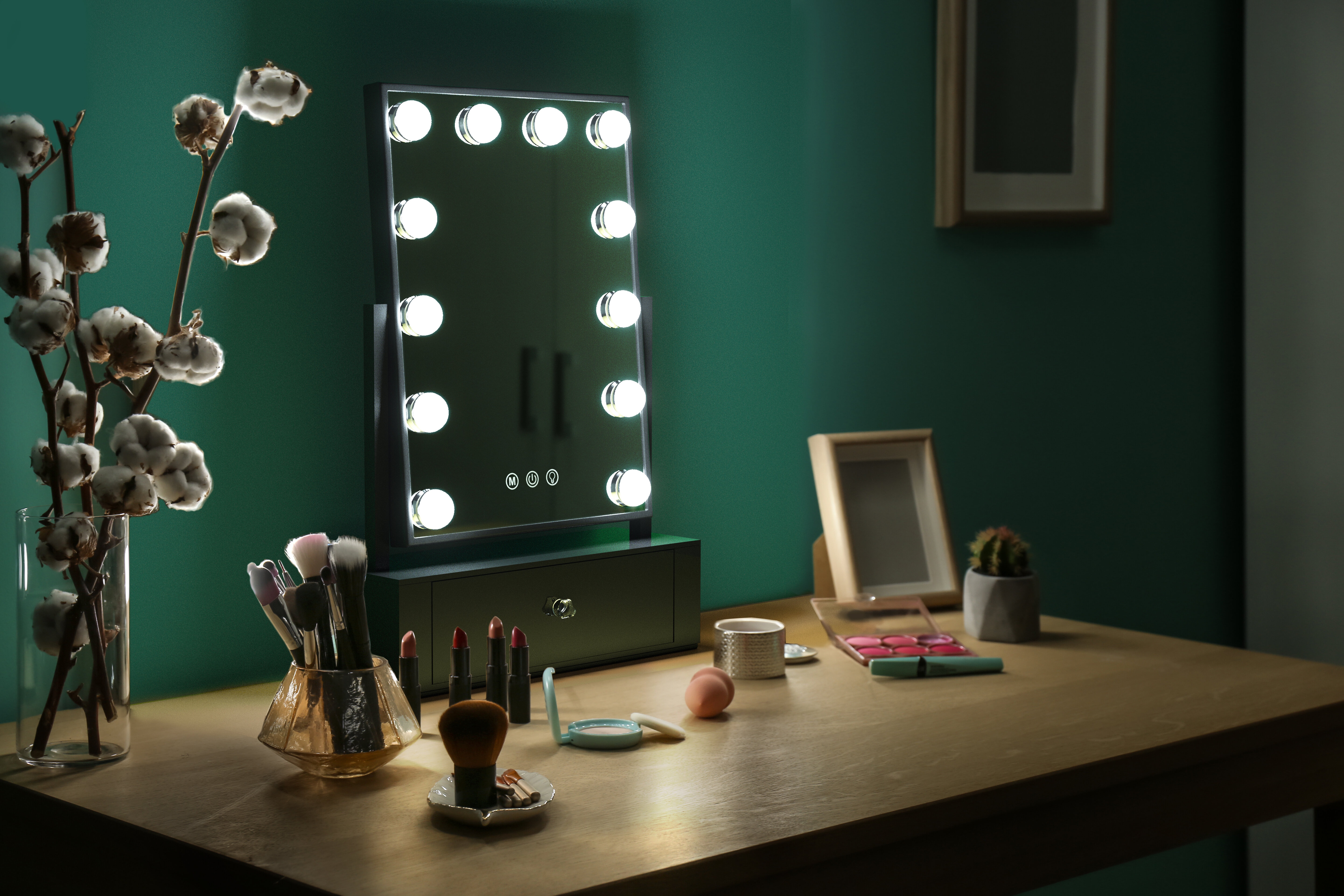 One Products Tabletop Makeup Mirror with Lights and Drawer, Beauty Mirror with 3 Lighting Modes