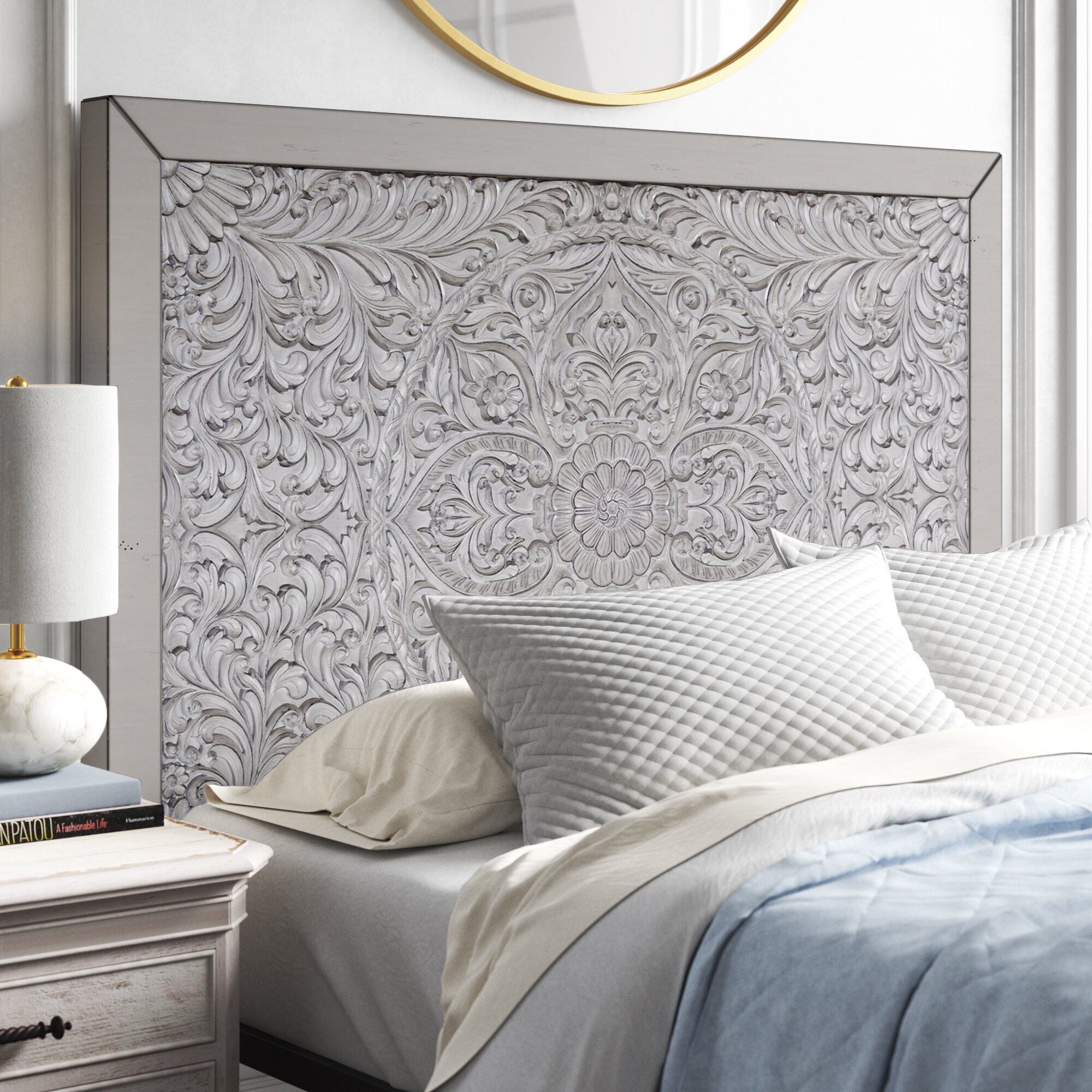 Gray carved mahogany floral deals medallion verena headboard