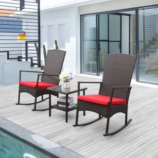 Outdoor Wicker Rocking Chair Glass Coffee Side Table 3-Piece and Cushions