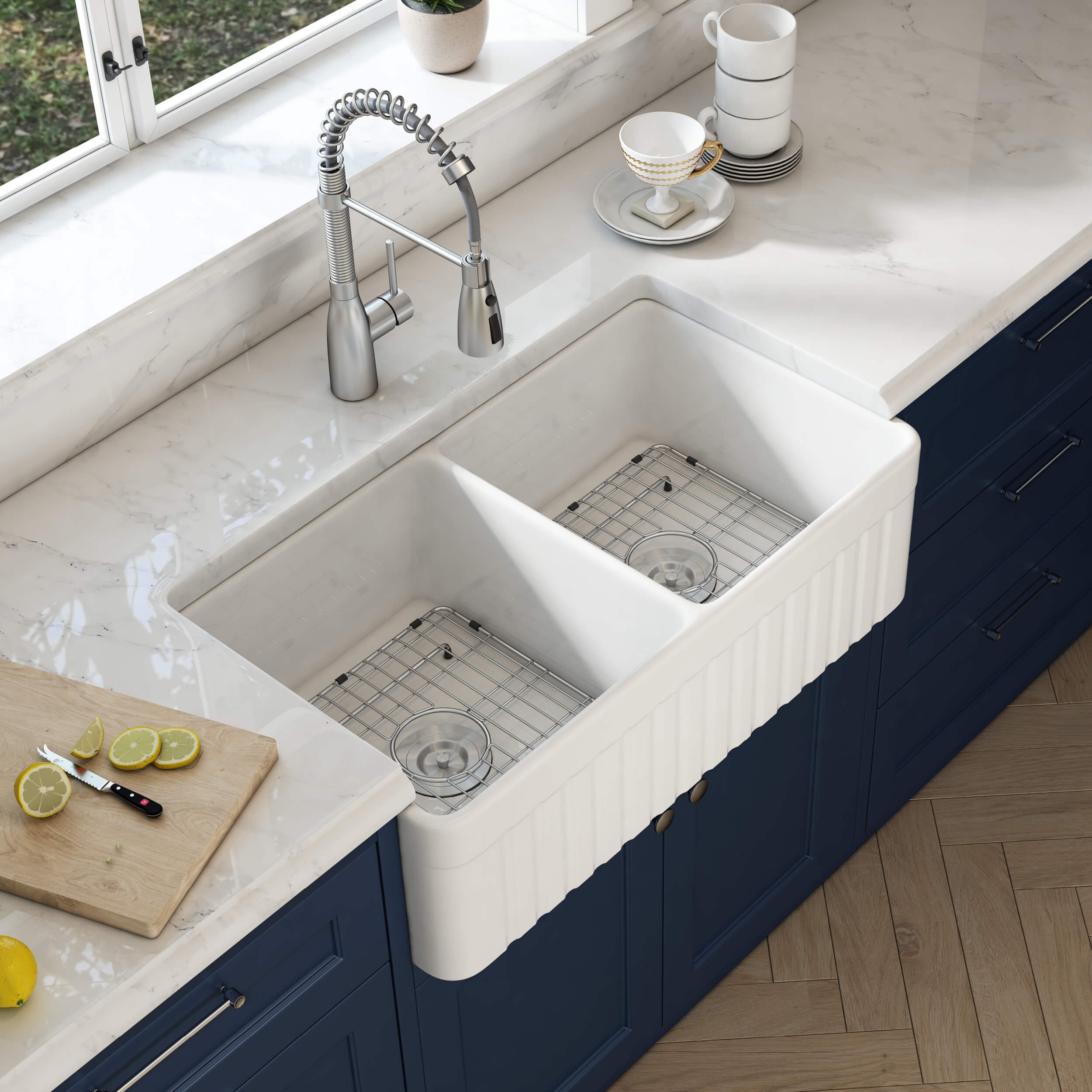 Pillar 33" W Double Bowl Fireclay Farmhouse Kitchen Sink