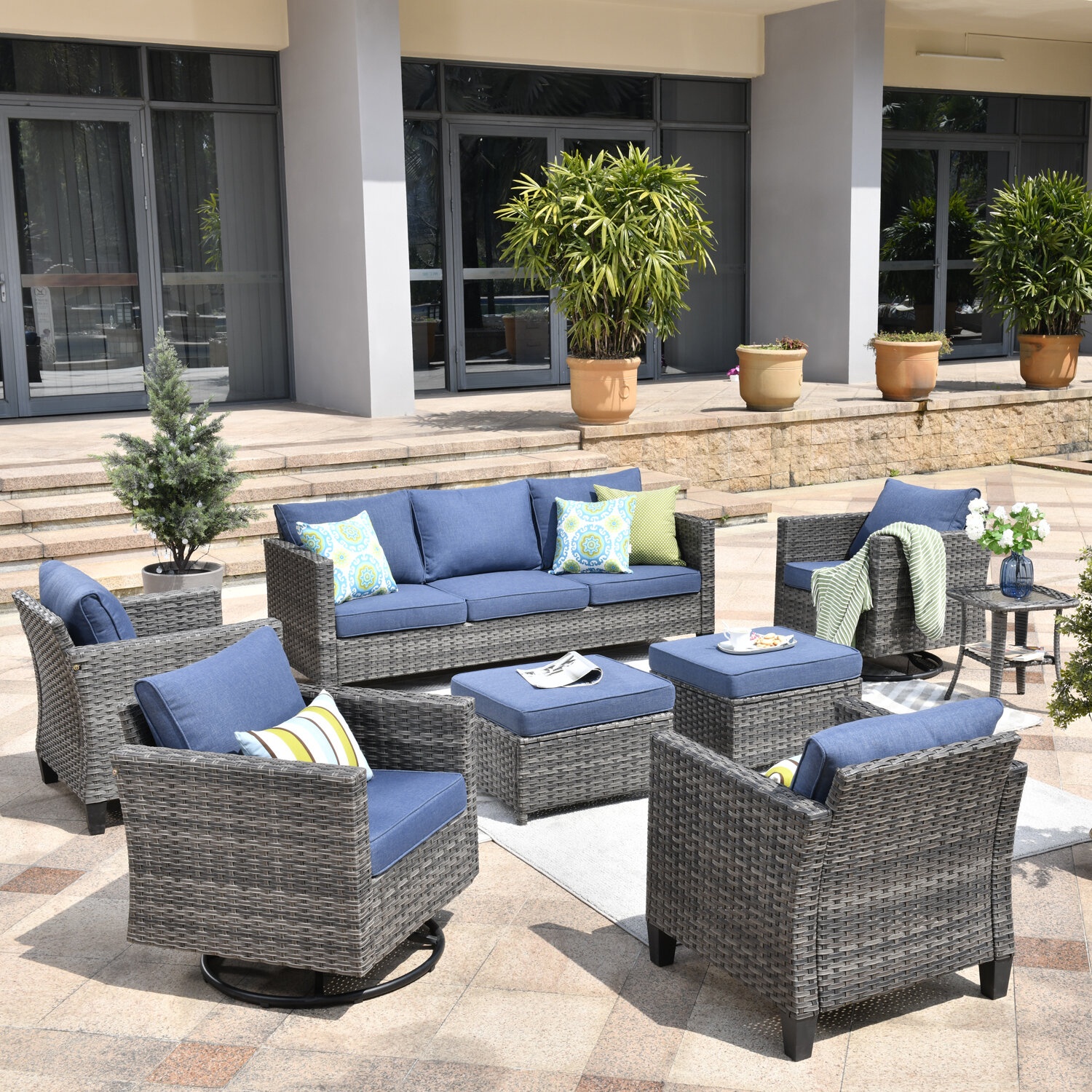 Polyethylene (PE) Wicker 7 - Person Seating Group with Cushions