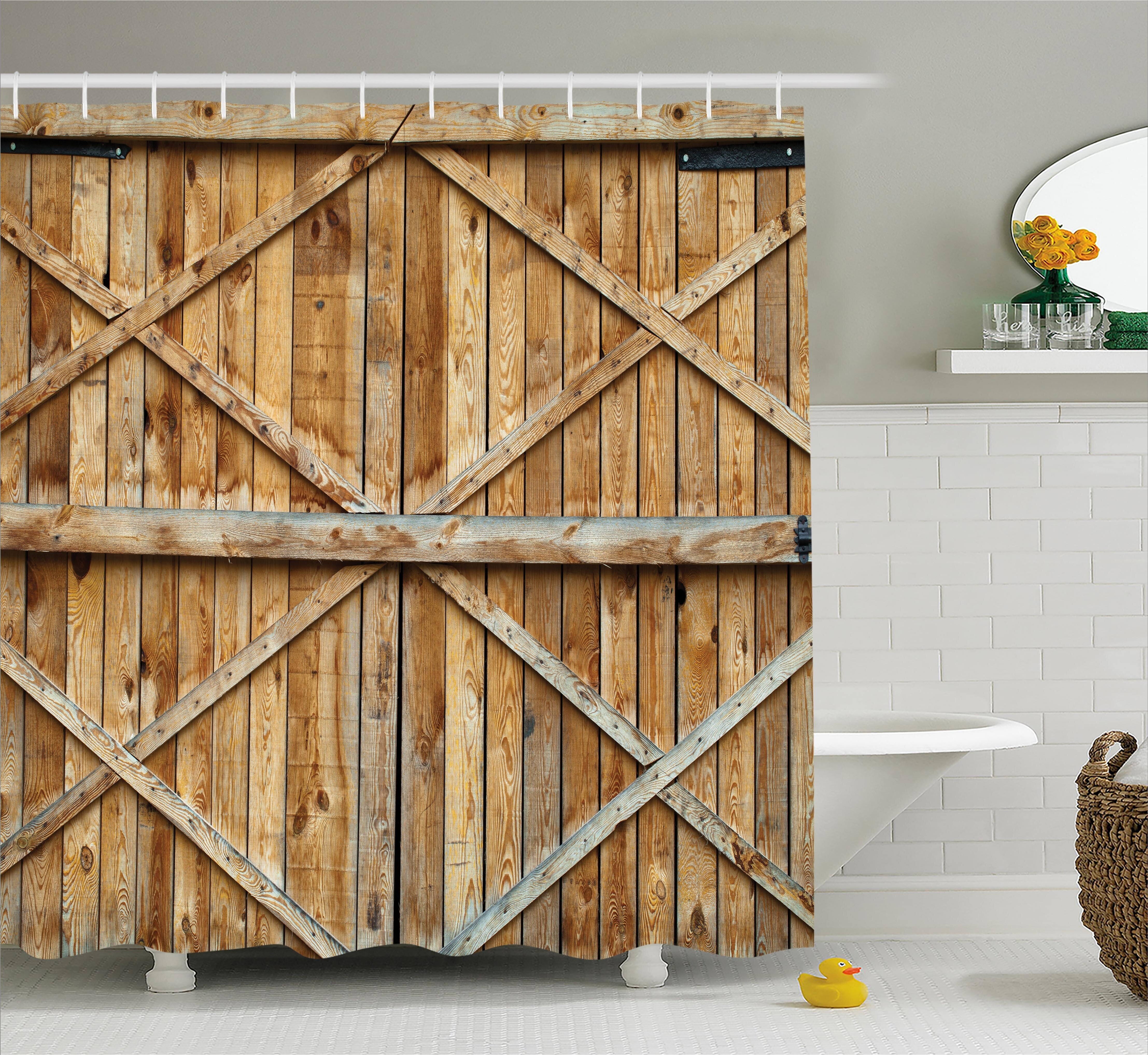 Rustic Wooden Timber Door Plank Shower Curtain + Hooks