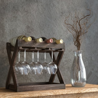 Selman 4 Bottle Solid Wood Tabletop Wine Bottle & Glass Rack in Torched Brown