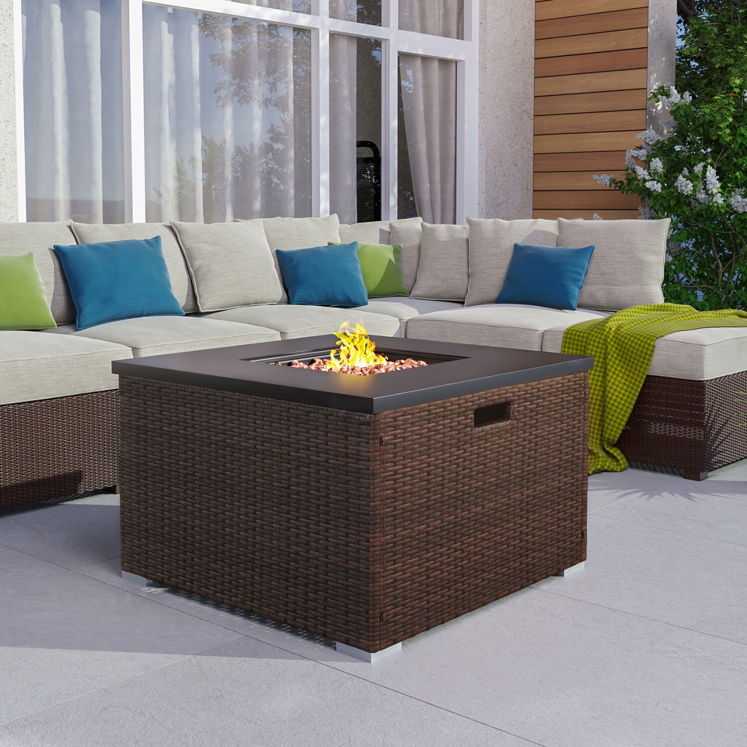 Shields 20'' H x 32'' W Wicker Propane Outdoor Fire Pit Table with Lid