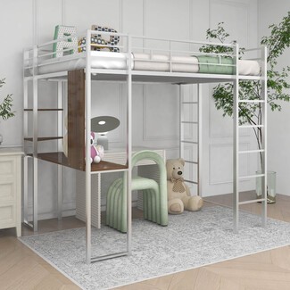 Simple modern loft bed with storage shelving
