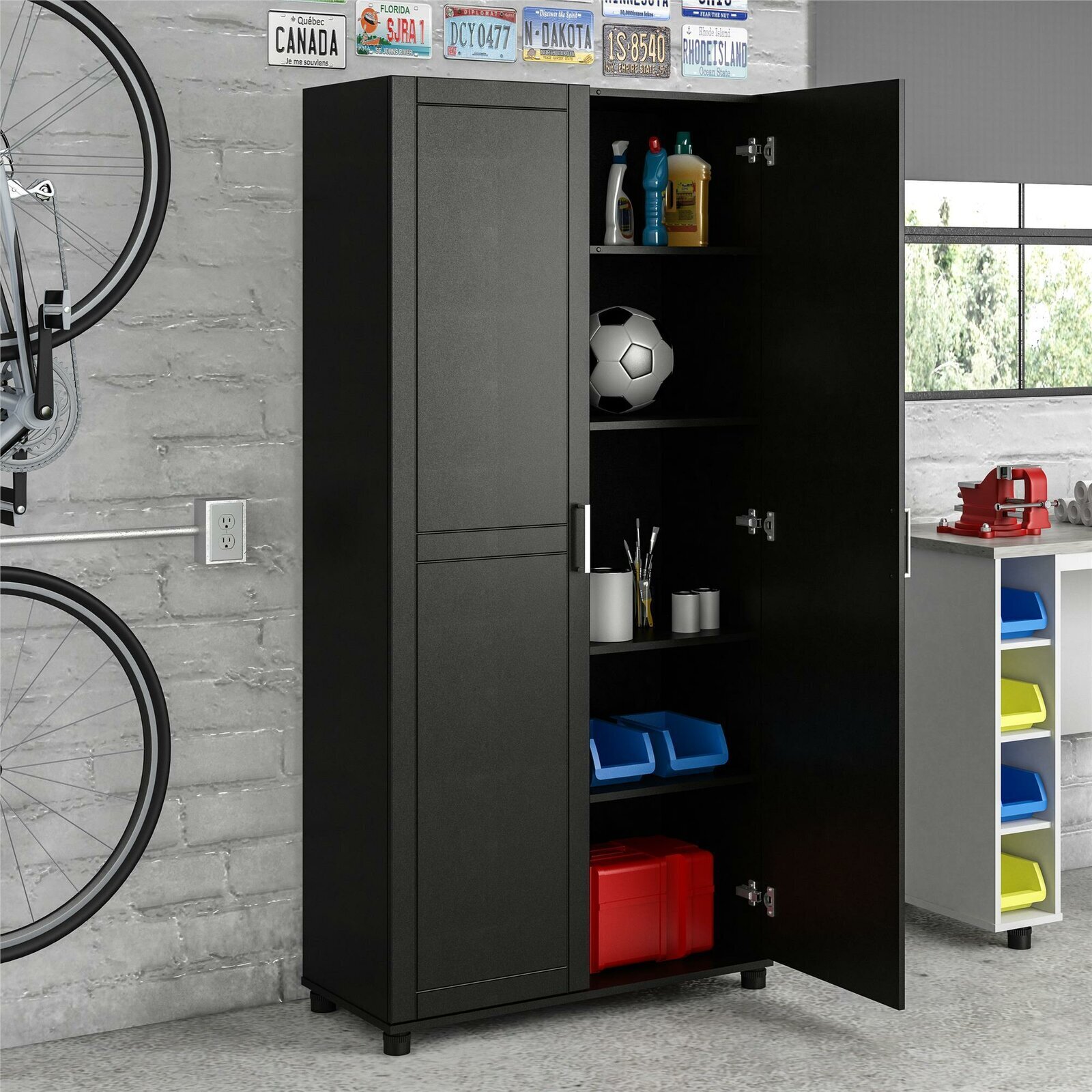 Sleek Black Tall Wood Storage Cabinets With Doors