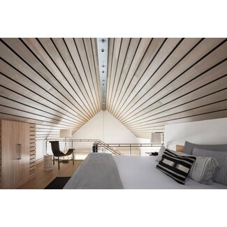 Minimalist slatted wood on curved loft ceiling