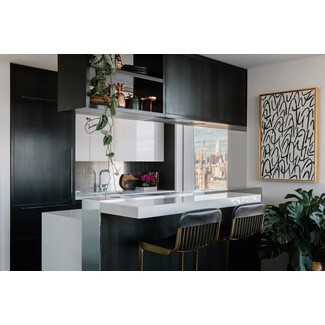 Small black and white kitchen with matte black and bright white lacquer finishes and vertical storage