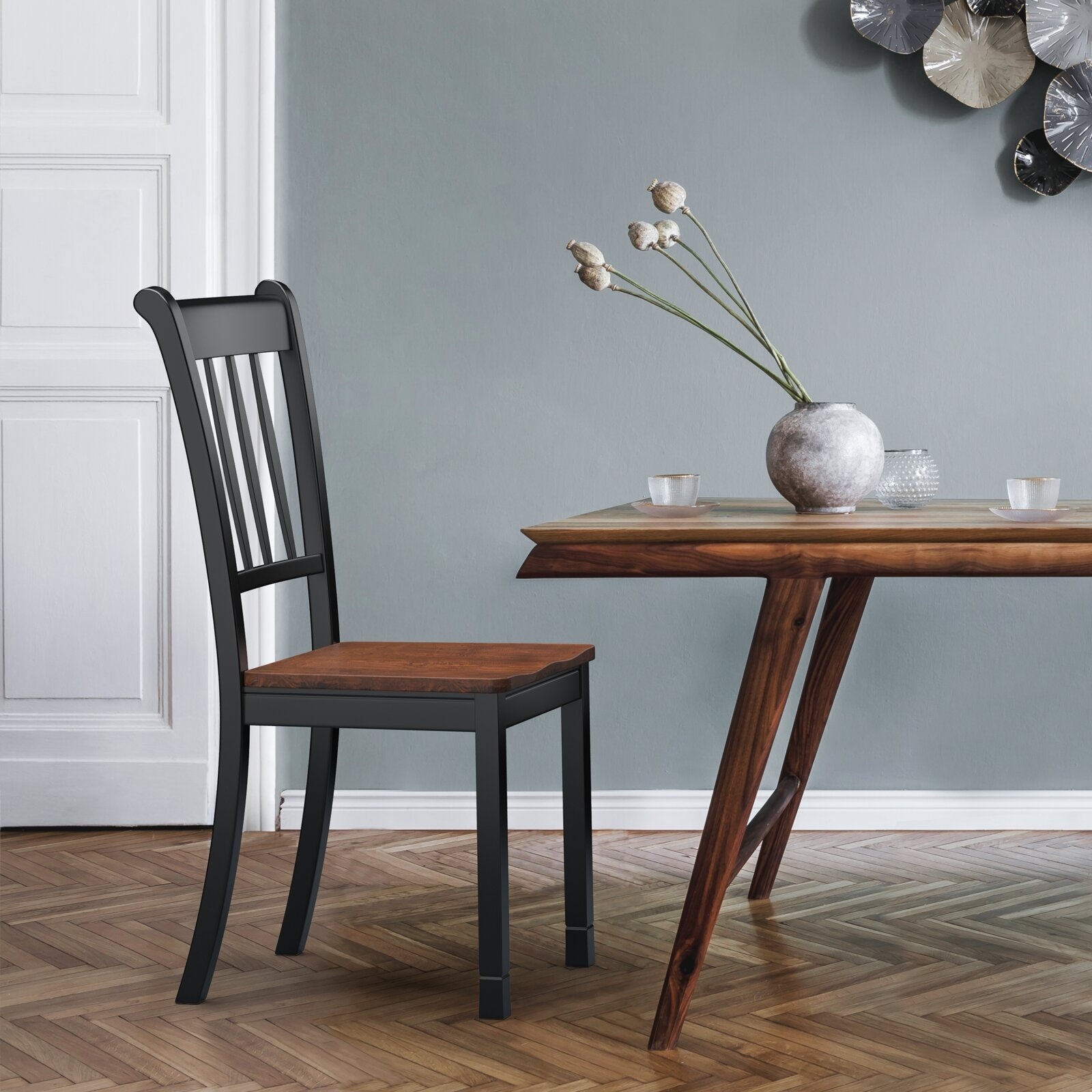 Solid Wood Slat Back Side Chair in Black