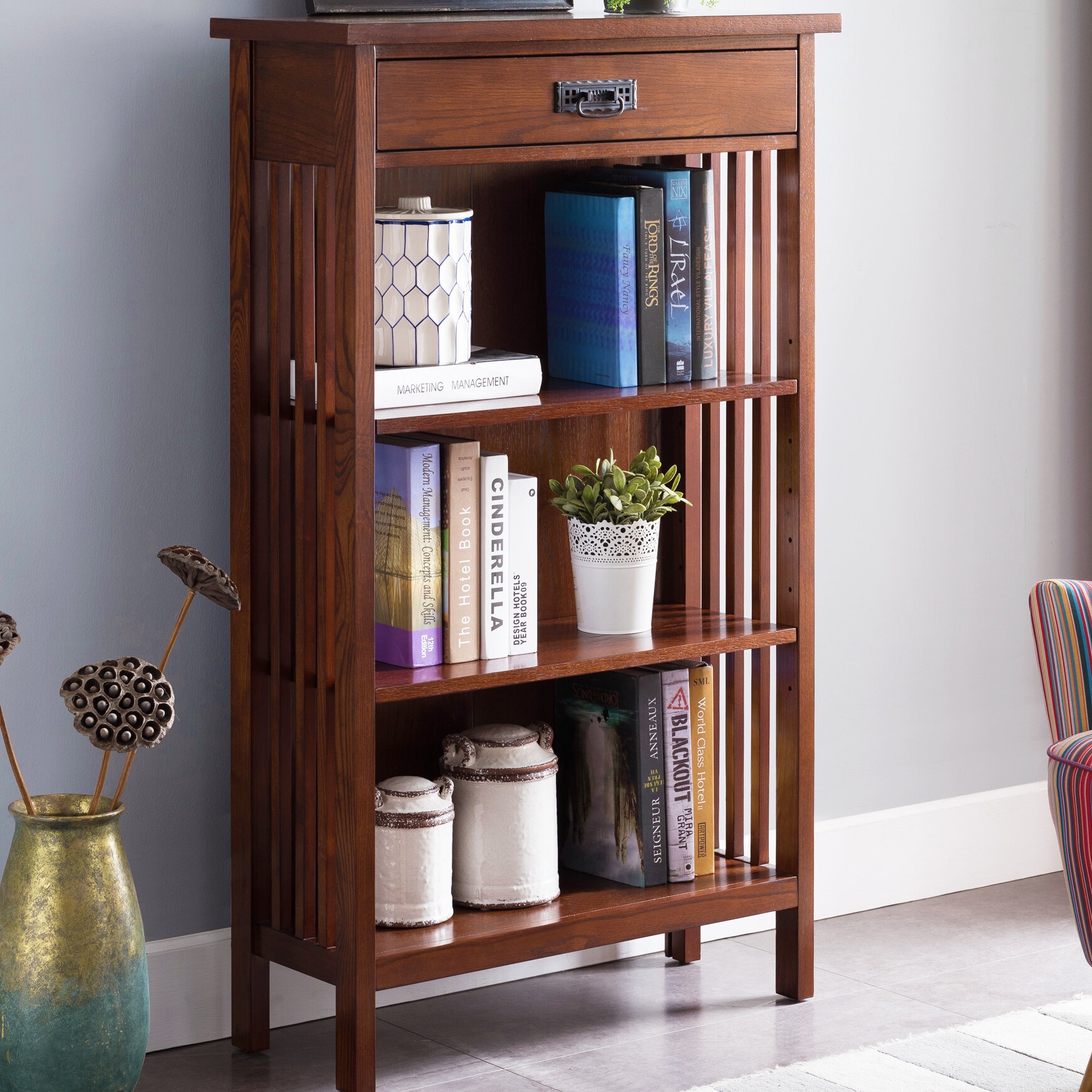 Solid Wood Slatted Bookcase in Mission Oak