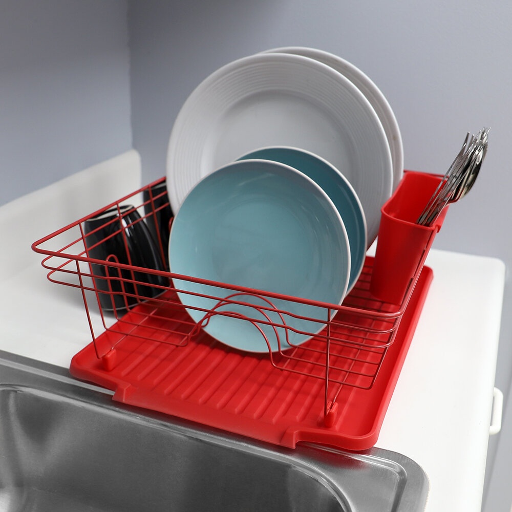 Rubbermaid Antimicrobial Sink Dish Rack Drainer Set, Red, 4-Pieces