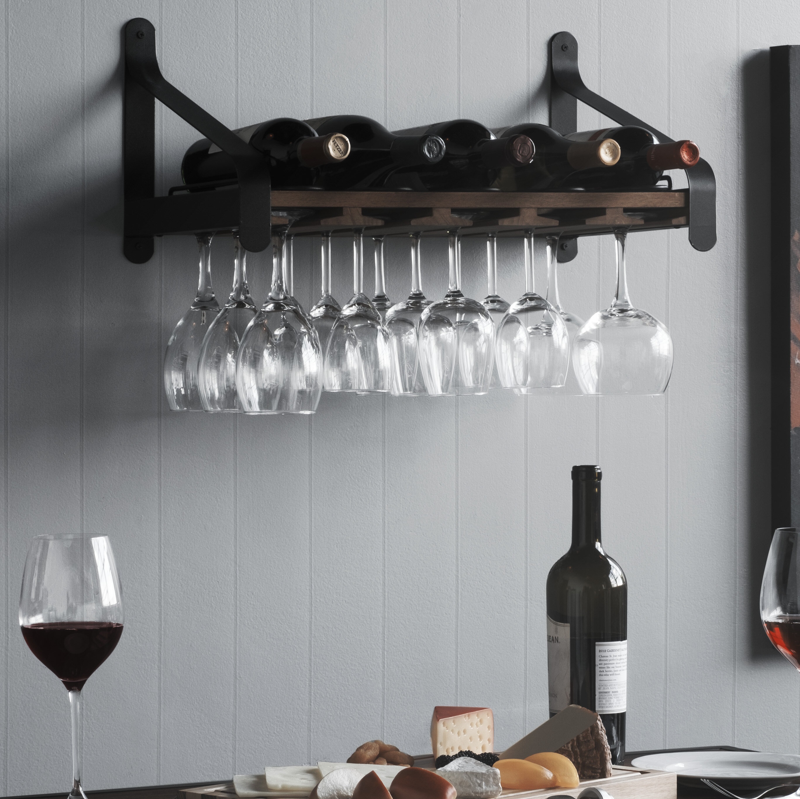 Stowe 5 Bottle Solid Wood Wall Mounted Wine Bottle & Glass Rack