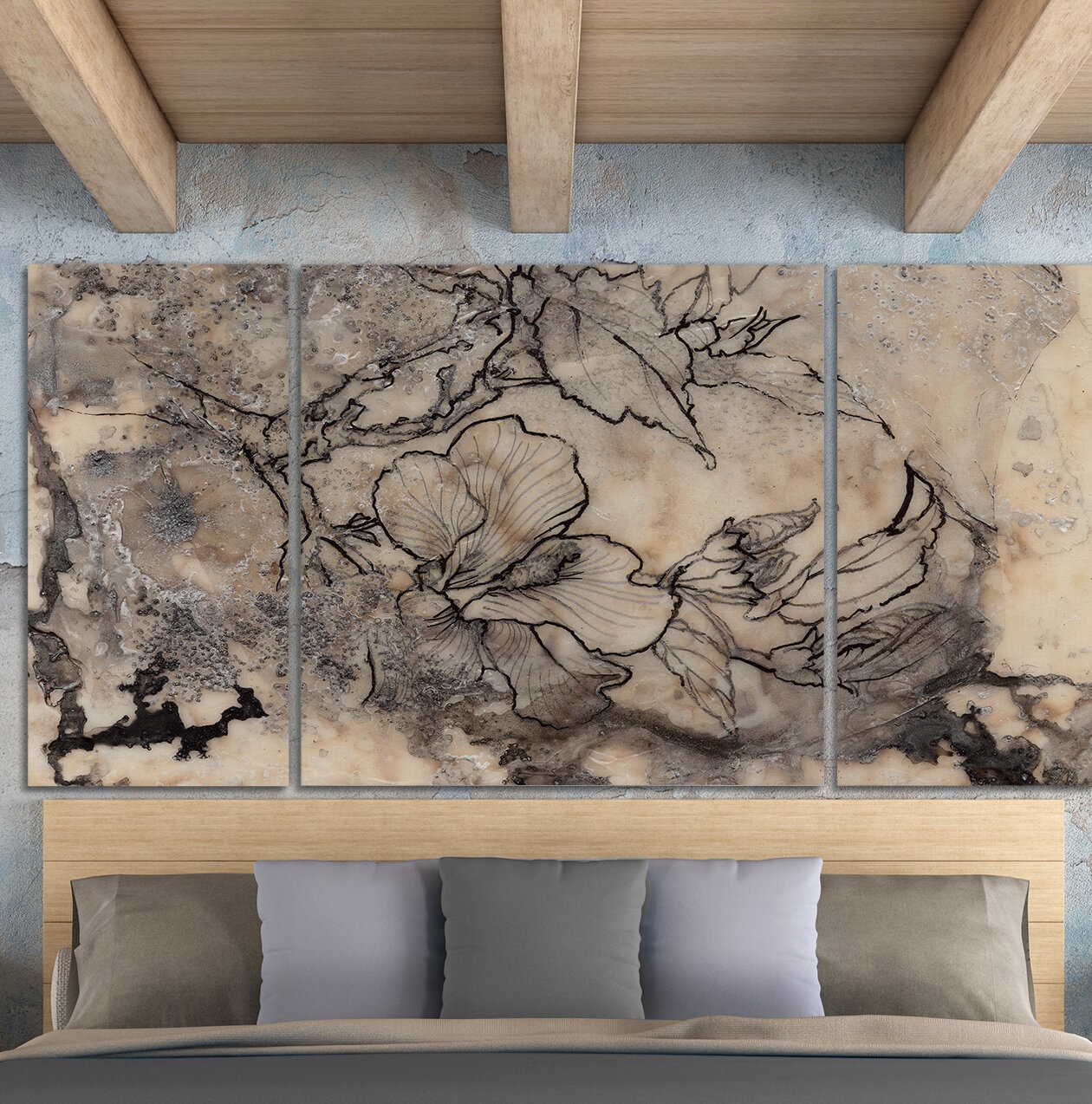 Tattooed Floral I - 3 Piece Painting on Canvas