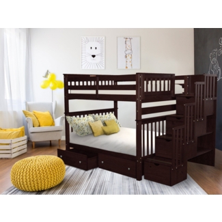 Tena Solid Wood Standard Bunk Beds with Stairway & 2 Under Bed Drawers