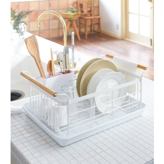 Tosca Yamazaki Home Dish Rack with Removeable Drainer Tray, Steel + Wood, Handles, Utensil Holder