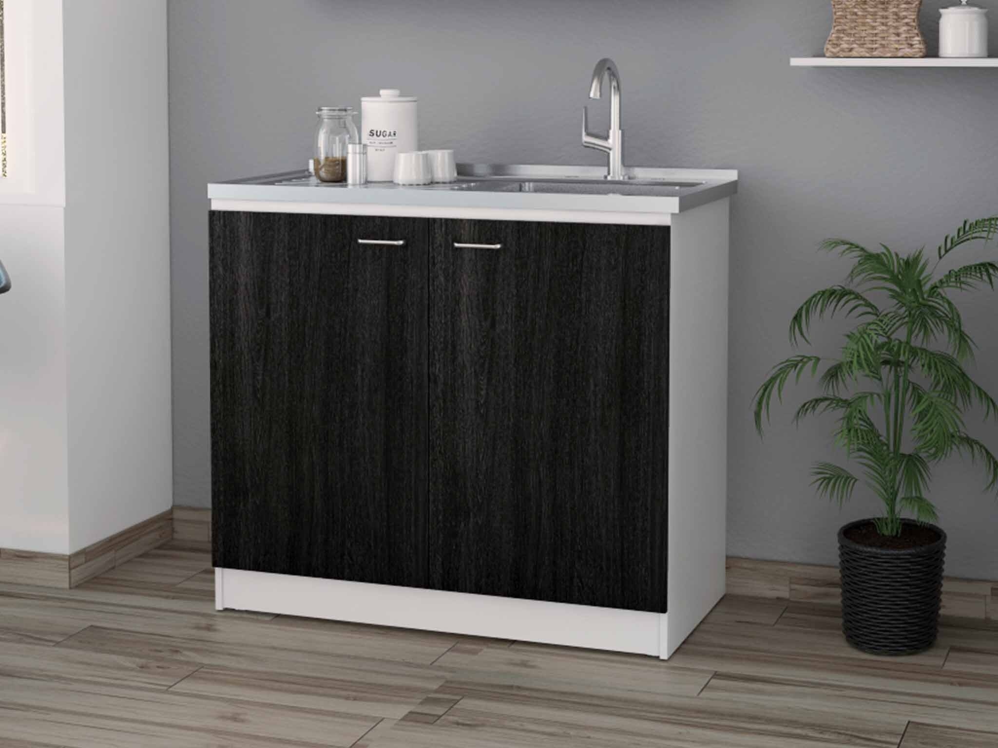 TUHOME Napoles Utility Sink Cabinet With Integrated Steel Sink, Dark Walnut Frame