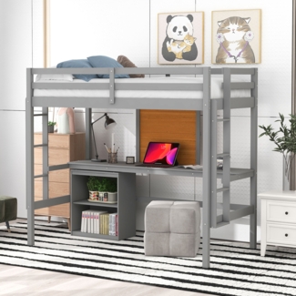 Twin Size Loft Bed With Desk And Writing Board, Wooden Loft Bed With Desk & Cabinet