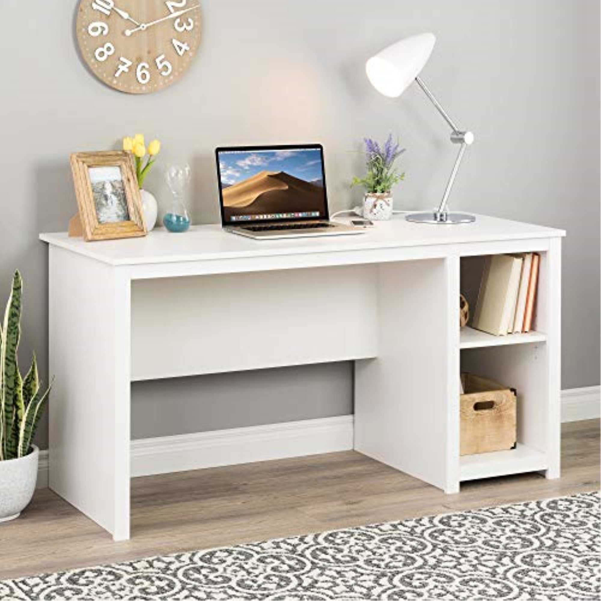  Tangkula White Desk with Storage Drawer & Shelves, Compact Desk  for Small Space, Modern Wooden Study Desk Writing Desk with Storage Drawer  & Compartments, PC Laptop Desk Small Desk for Bedroom 