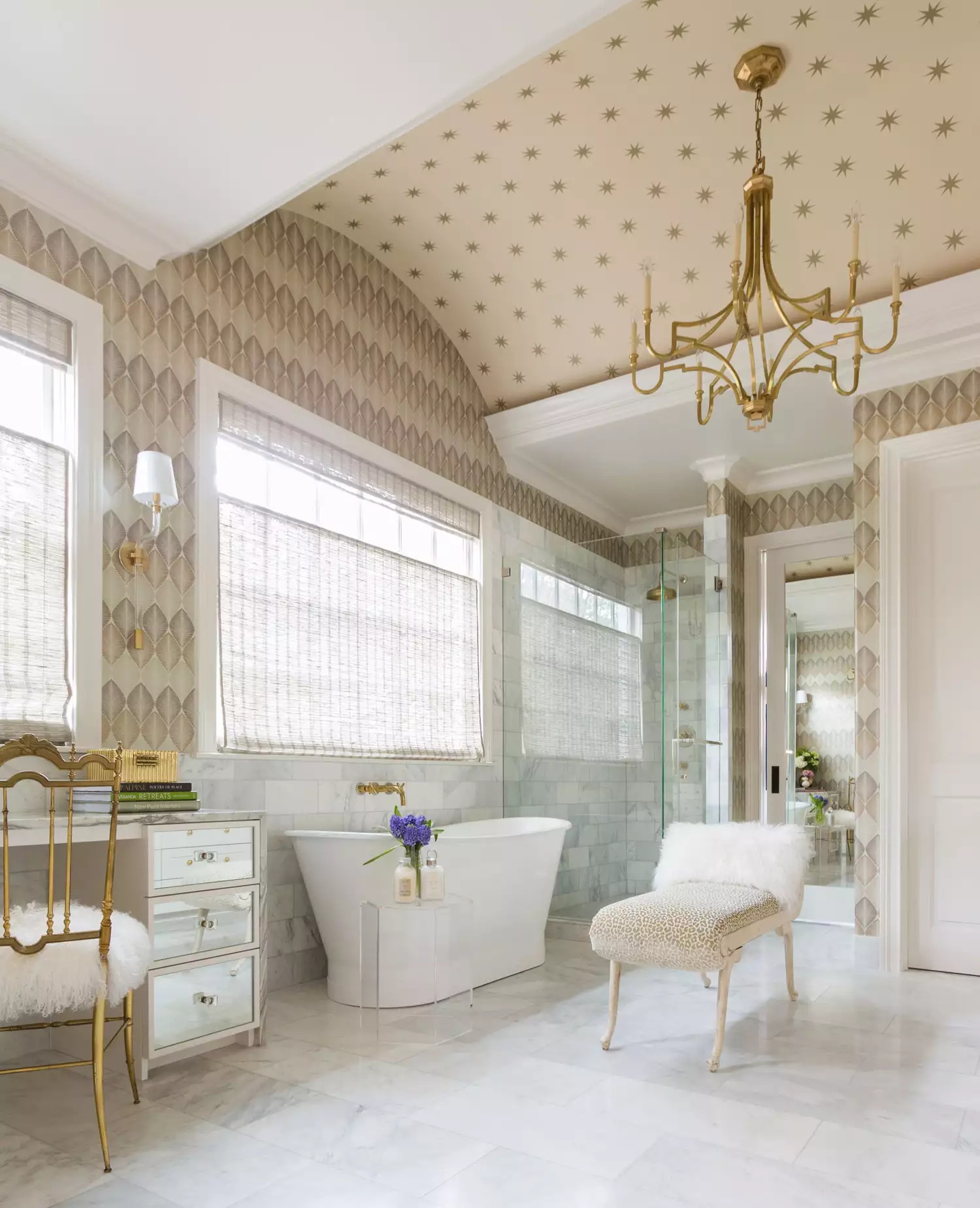 Bathroom with starry wallpaper on rounded ceiling section