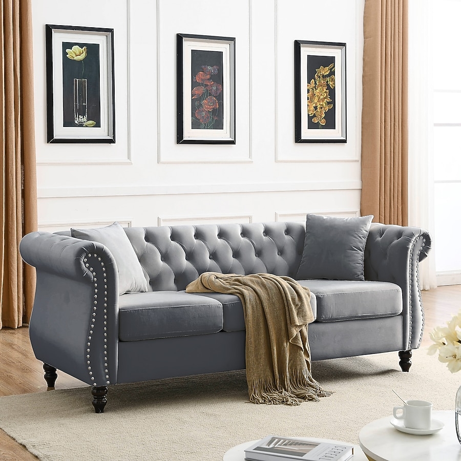3 Seater Sofa Gray Silver Nailhead Accent Velvet Seating