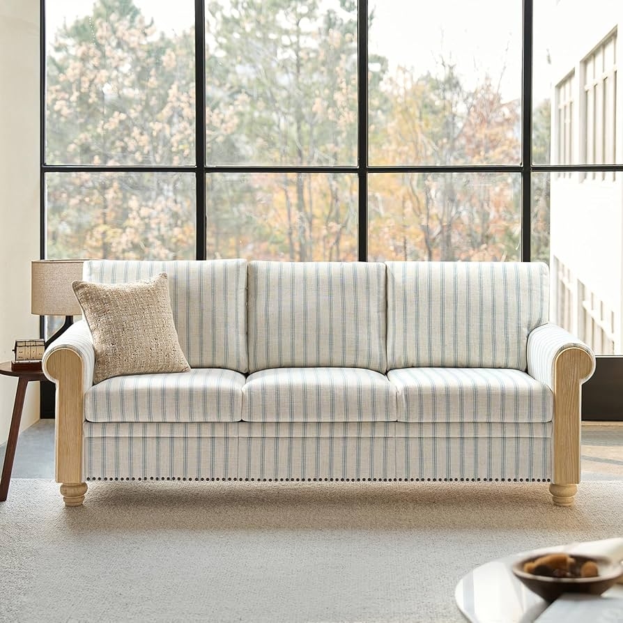 3 Seater Sofa With Blue Pinstripe Pattern and Rolled Arms