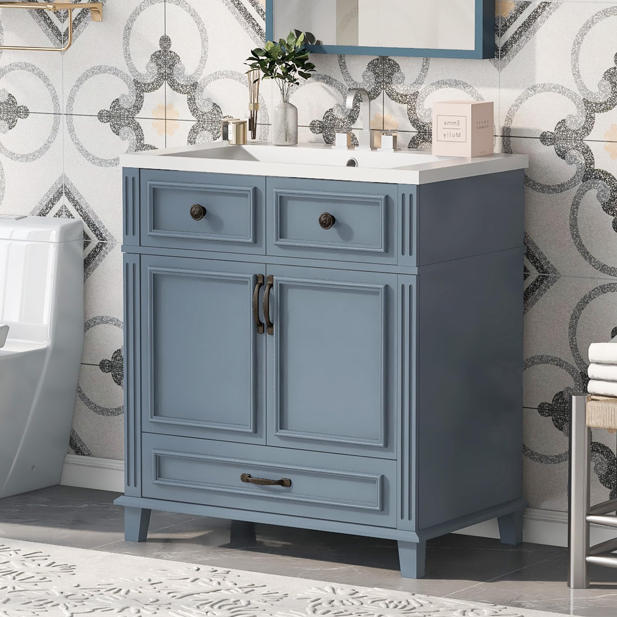 30 Inch Sink Cabinet: Slate Blue with Bottom Storage Drawer