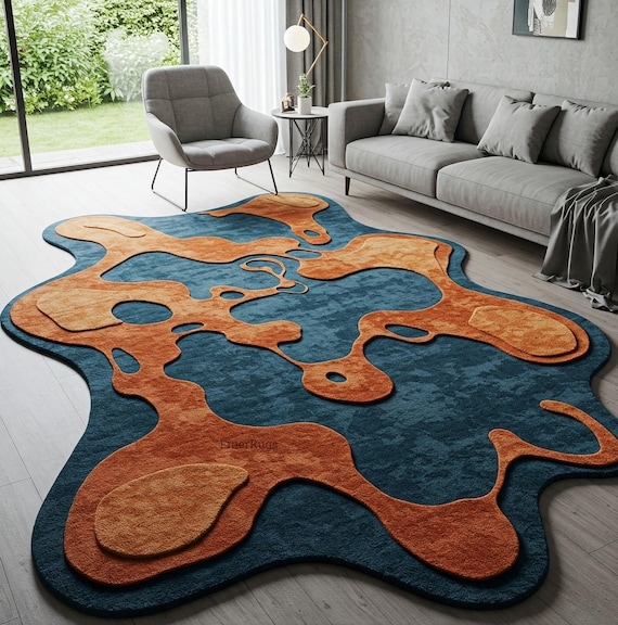 3D Tufted Topographical Rug in Burnt Orange and Teal Organic Pattern.