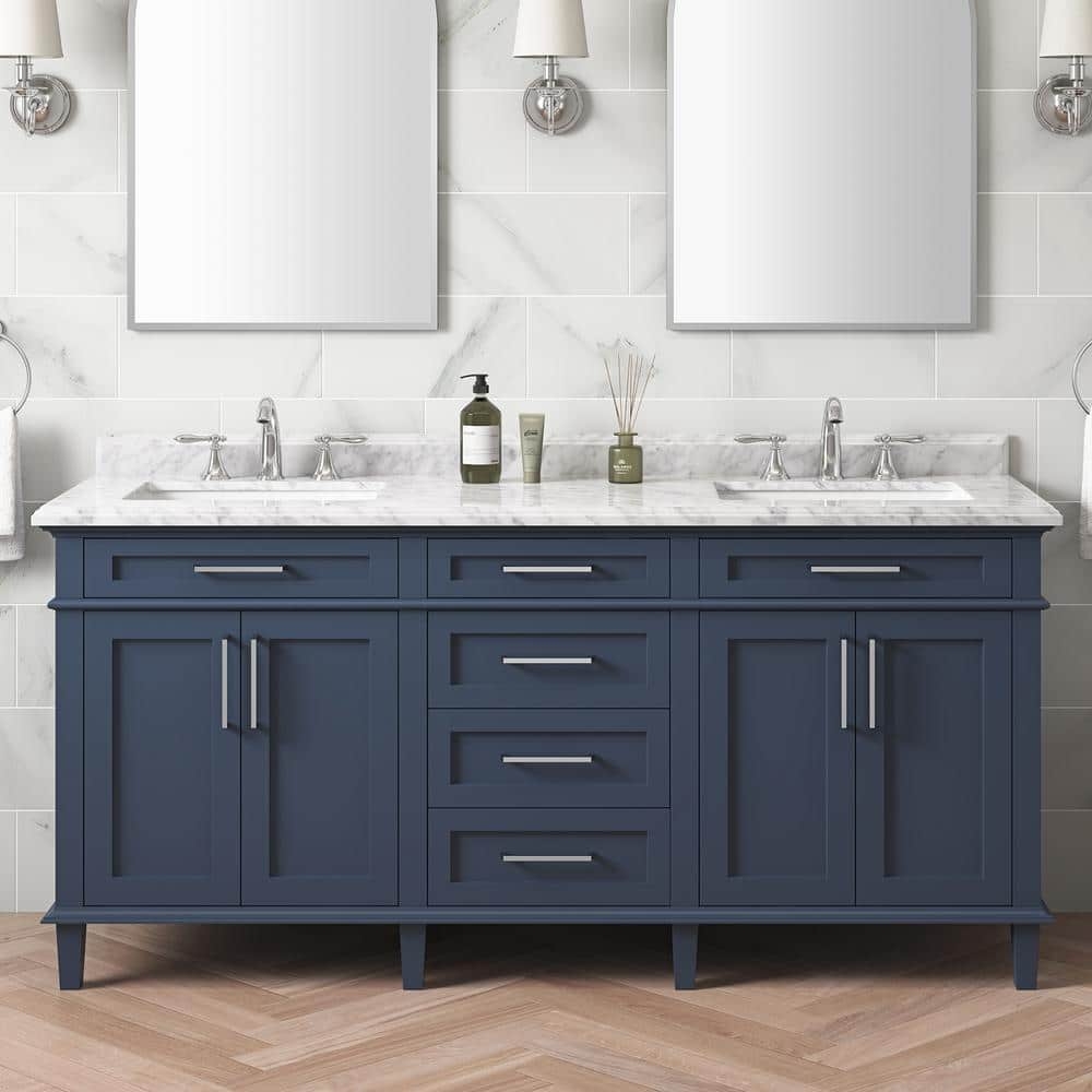 72 Inch Double Vanity: Midnight Blue Finish with Carrara Marble Top