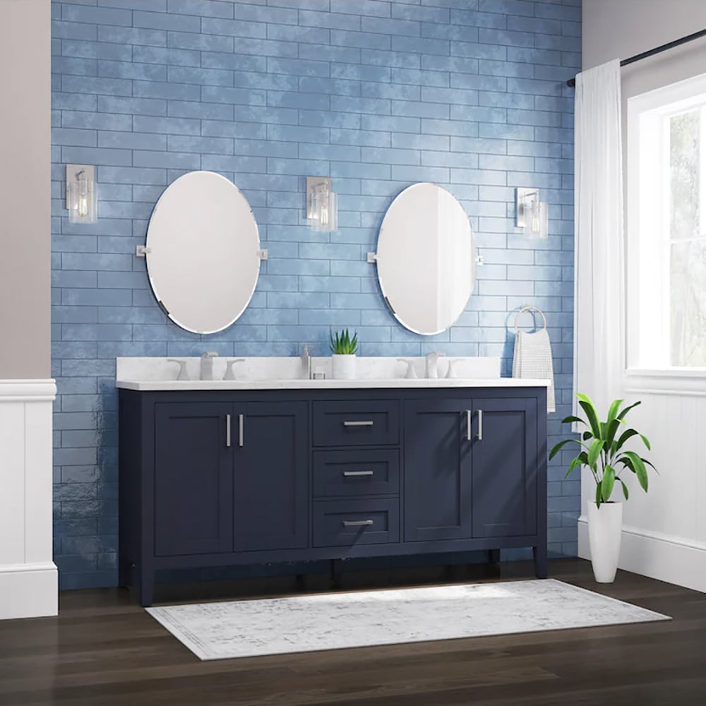 72 Inch Double Vanity: Navy Blue with Polished Silver Hardware