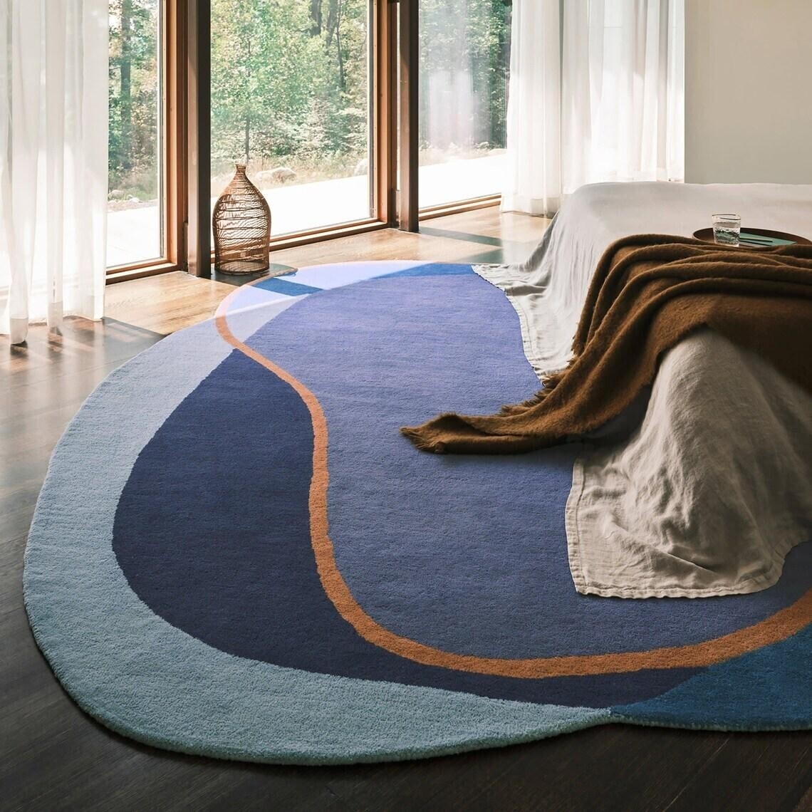Abstract Color Block Floor Decor with Blue and Orange Wavy Line.