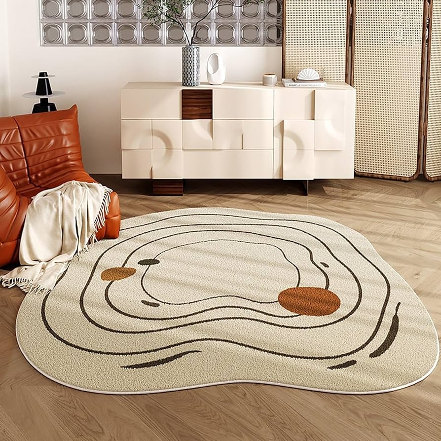 Abstract Concentric Line Carpet in Beige with Organic Silhouette.