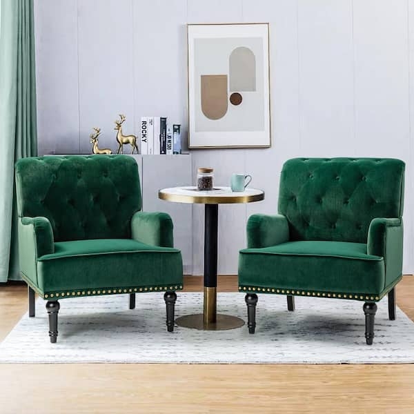 Accent Chair Brass Nailheads Emerald Green Velvet Set