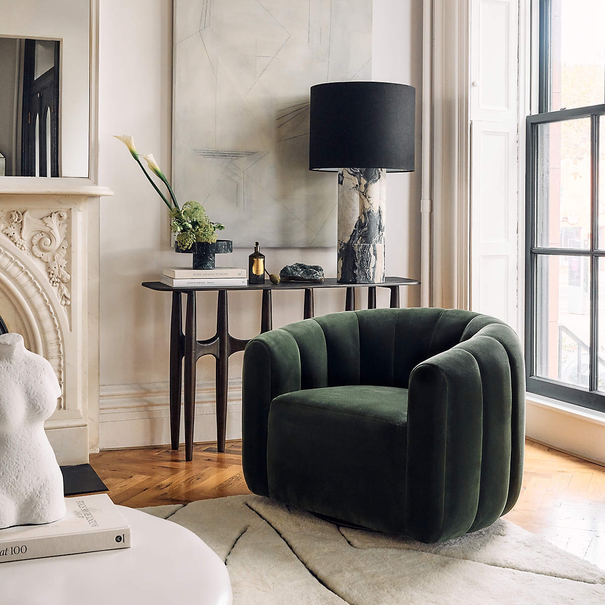 Accent Chair Channeled Velvet Forest Green Swivel Seat