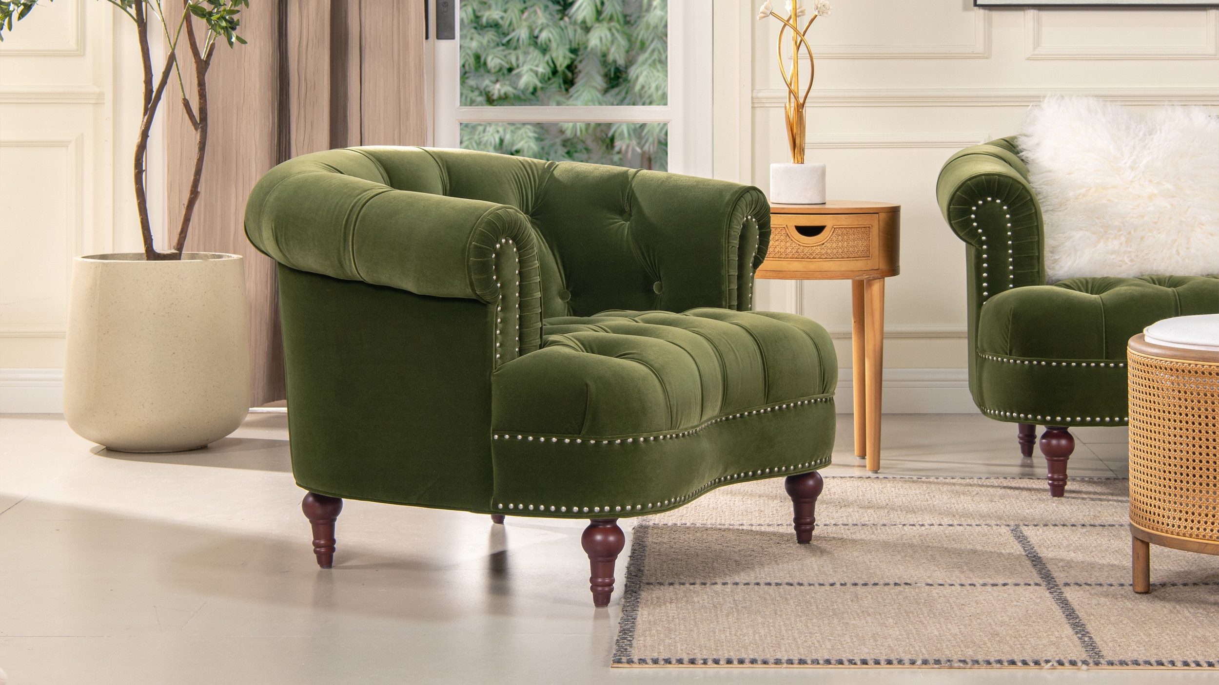 Accent Chair Curved Apron Olive Green Velvet Victorian