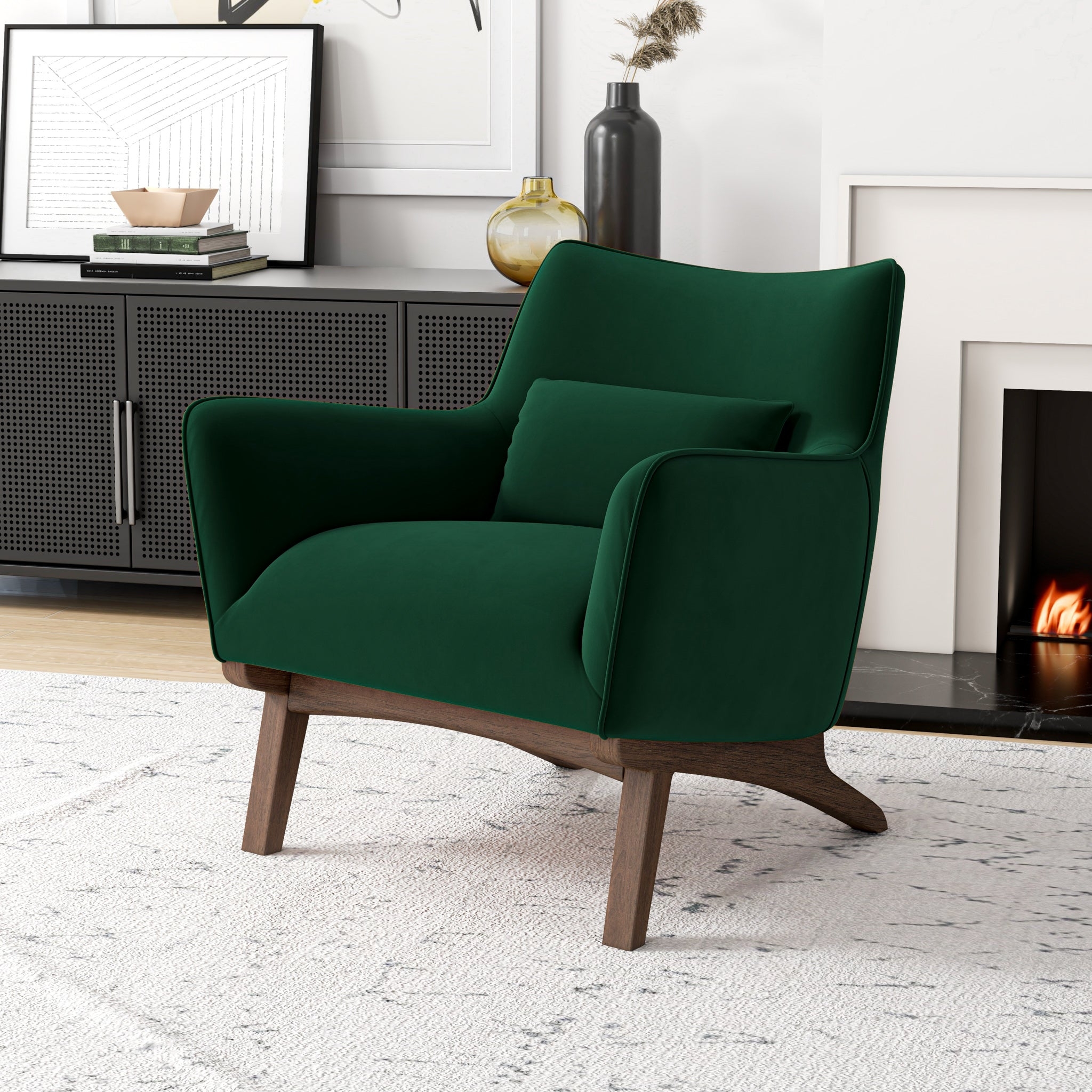 Accent Chair Curved Wood Base Forest Green Velvet