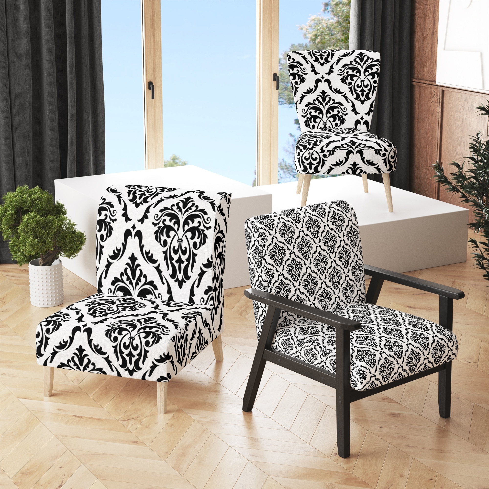 Accent Chair in Black and White Damask with Tapered Legs