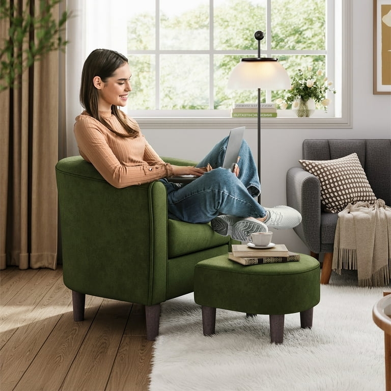 Accent Chair Matching Footrest Olive Green Velvet Set