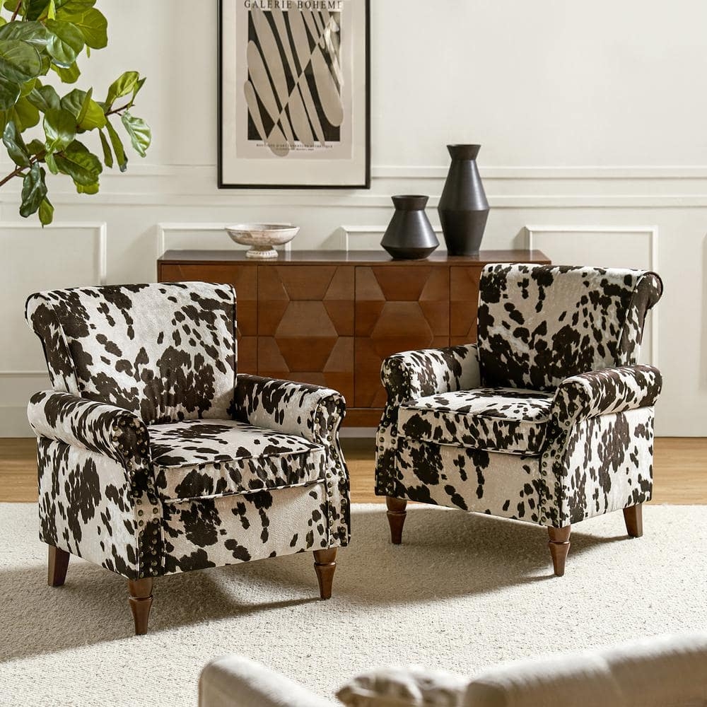 Accent Chair Rolled Arm Set Traditional Cowhide Seating