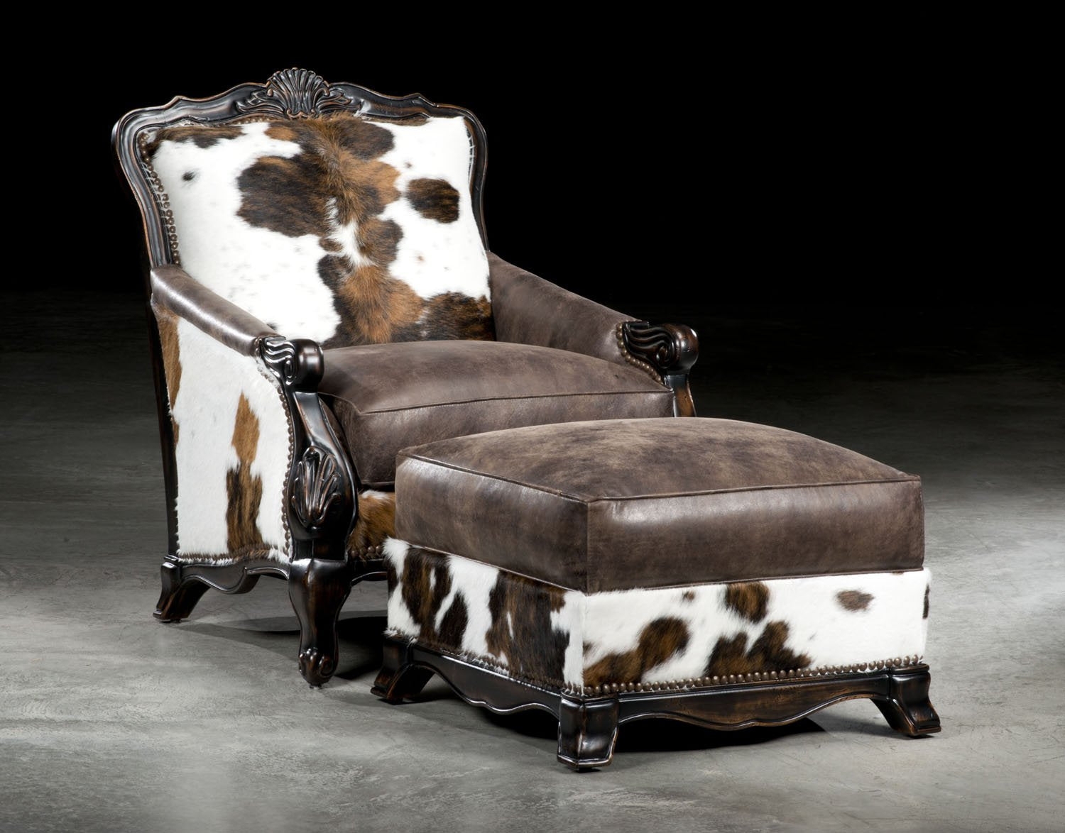 Accent Chair Shell Carved Crest and Tricolor Cowhide