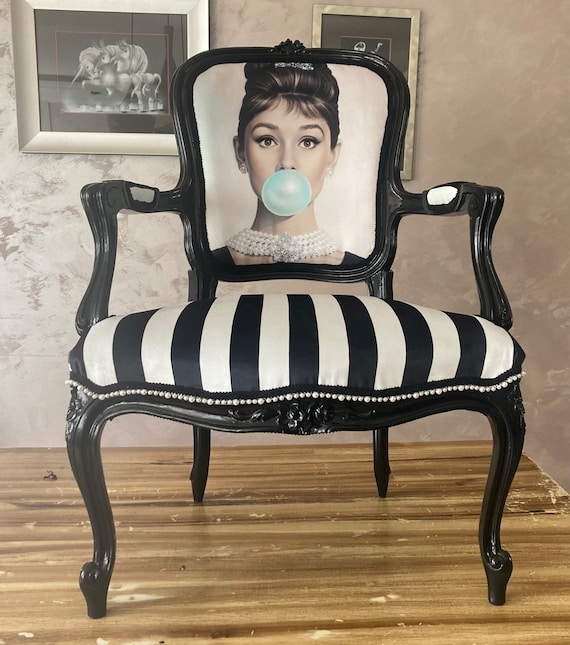 Accent Chair with Graphic Print Back and Pearl Bead Trim